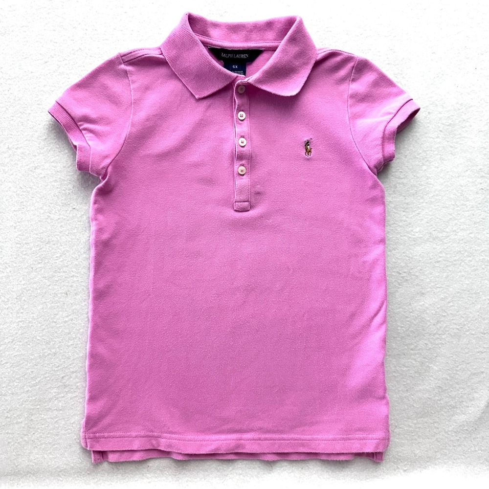 Ralph Lauren Girls 6X Vintage 90s Polo Shirt Fleah Pony Pink Cap Sleeve Cotton